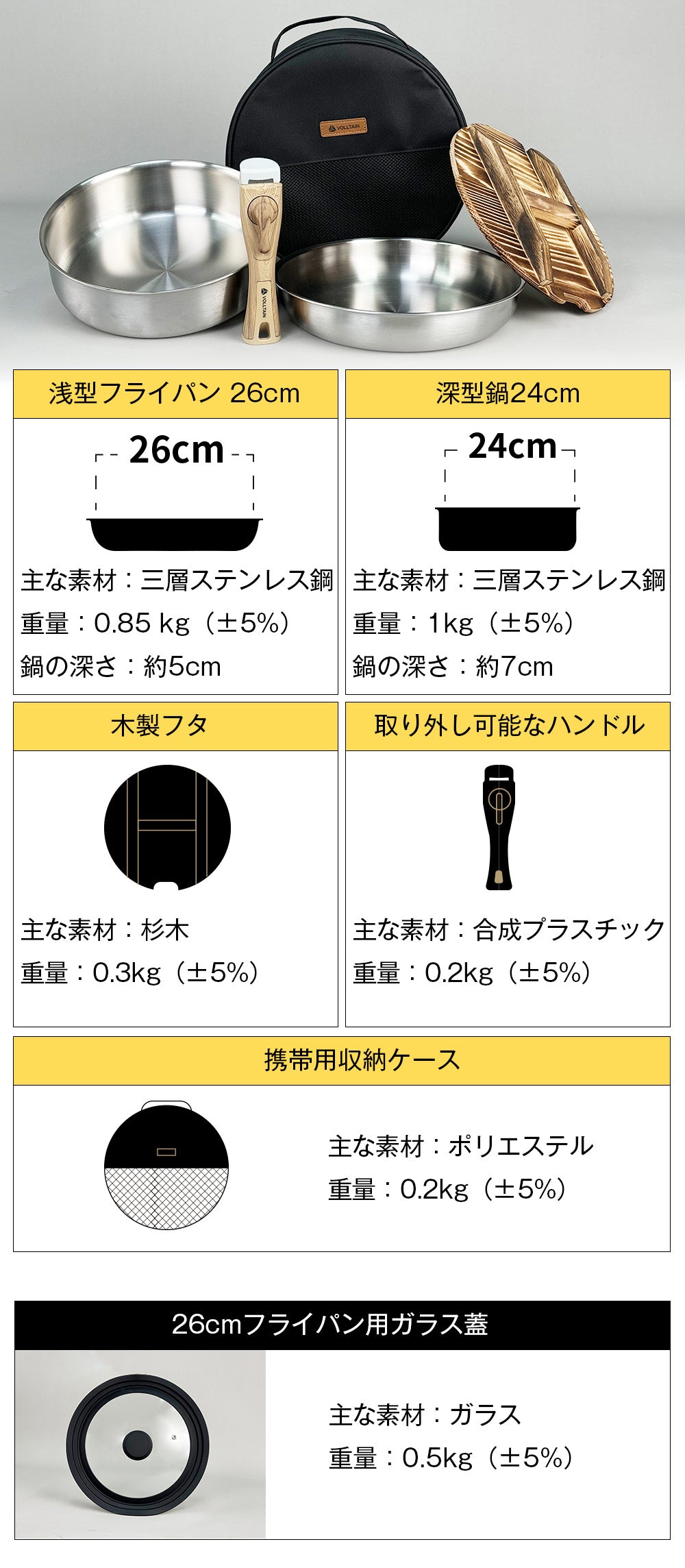 家でもキャンプでも 1セット完結｜VOLLTAIN 鍋&フライパン5点（ALL熱源／取っ手着脱）
